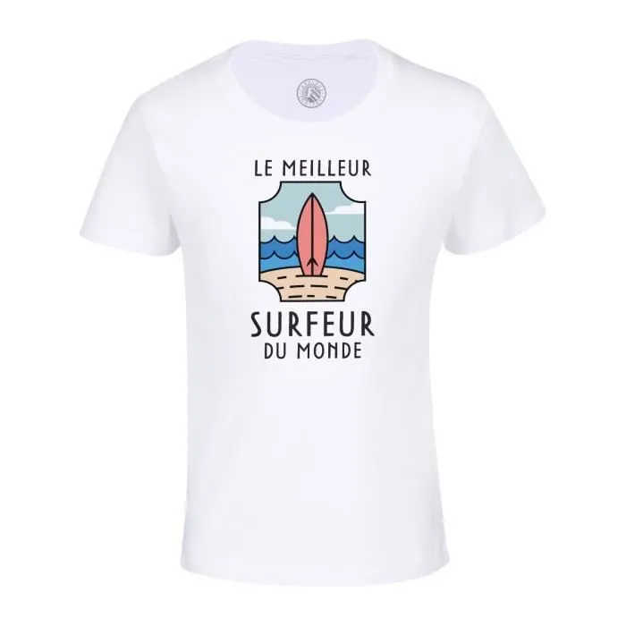 T-shirt Enfant Blanc Le Meilleur Surfeur du Monde Surf Vacances Plage Sport-0