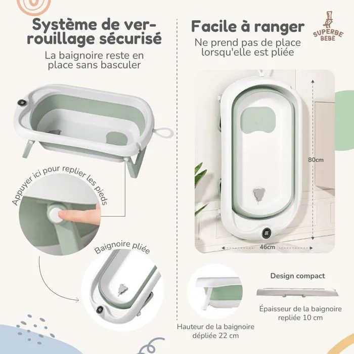 Baignoire bébé pliable - Thermomètre et coussin inclus - CLOUD - Green | SUPERBE BEBE-2