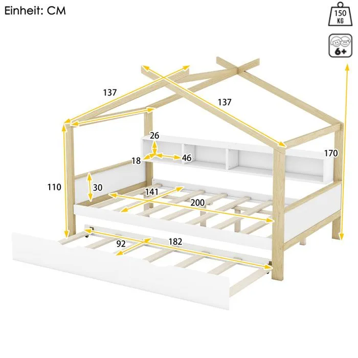 Lit cabane 140x200cm, lit de maison d'enfant, équipé d'un lit gigogne, 4 compartiments de rangement, blanc-3