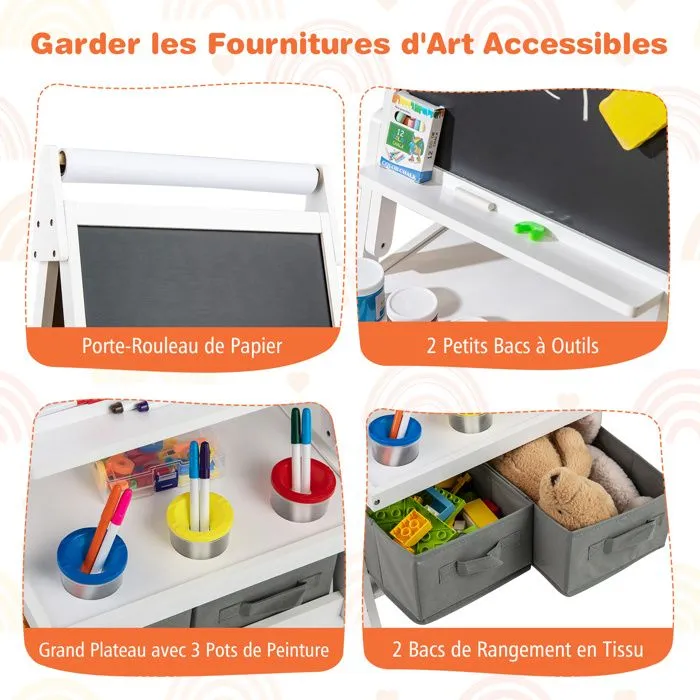 COSTWAY Chevalet d'Art 3 en 1 -Tableau Noir & Blanc Magnétique,Rouleau de Papier & 2 Bacs en Tissu pour Enfants 3-6 Ans Blanc-5