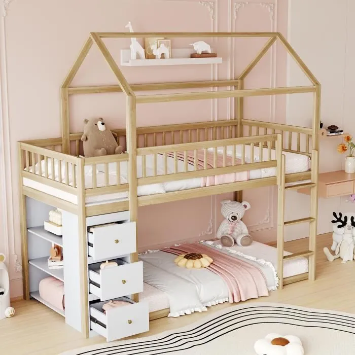Lit superposé 90x200cm - lit cabane enfant avec 1x sommier à lattes, échelle et étagères de rangements - en bois massif, naturel-0