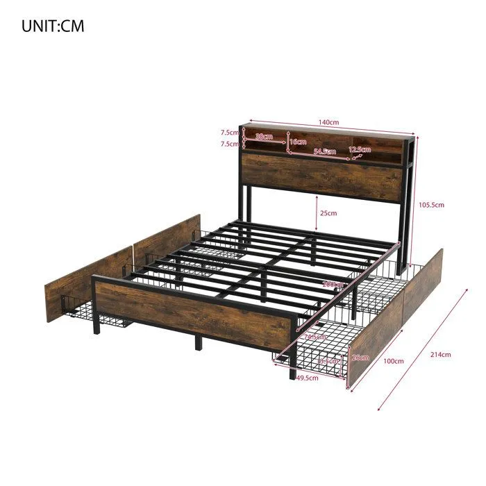Lit double 140x200 cm, cadre de lit adulte avec 4 tiroirs et étagères, LED et USB, structure en métal, style industriel, marron-3
