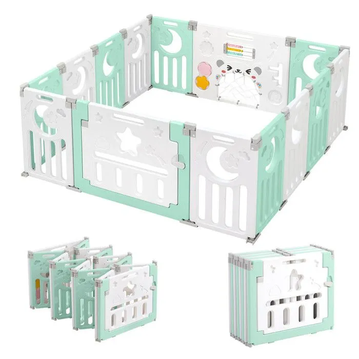 Parc Bébé 12+2 Panneaux, Parc Bebe Modulable Plastique, Parc Bebe 150×150CM avec Porte,Parcs Enfant XL avec Panneau d'activité, Vert-0