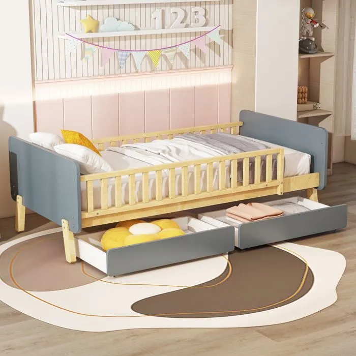 Lit enfant - Bois massif - 90x190 cm - 2 tiroirs - Gris - Sommier inclus-1