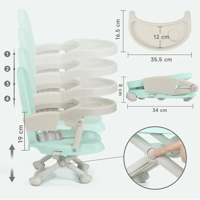Réhausseur Chaise Enfant Pliable, Chaise Bébé Portable, Bébé Chaise repas en Hauteur Réglable, Plateau Amovible,6 mois à 3 ans, Vert-2