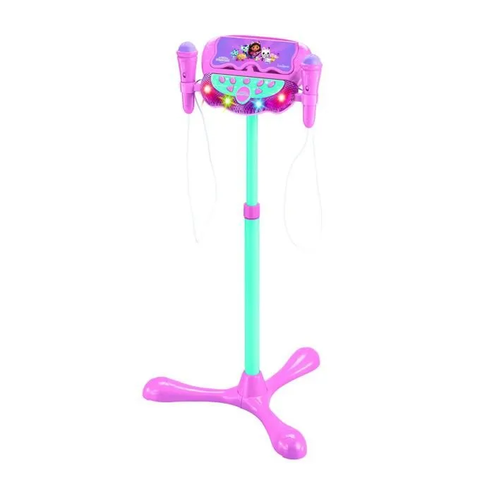 Microphone Gabby et la maison magique sur pied ajustable lumineux avec enceinte, 2 Micros et Effets vocaux, Enceinte Bluetooth-1