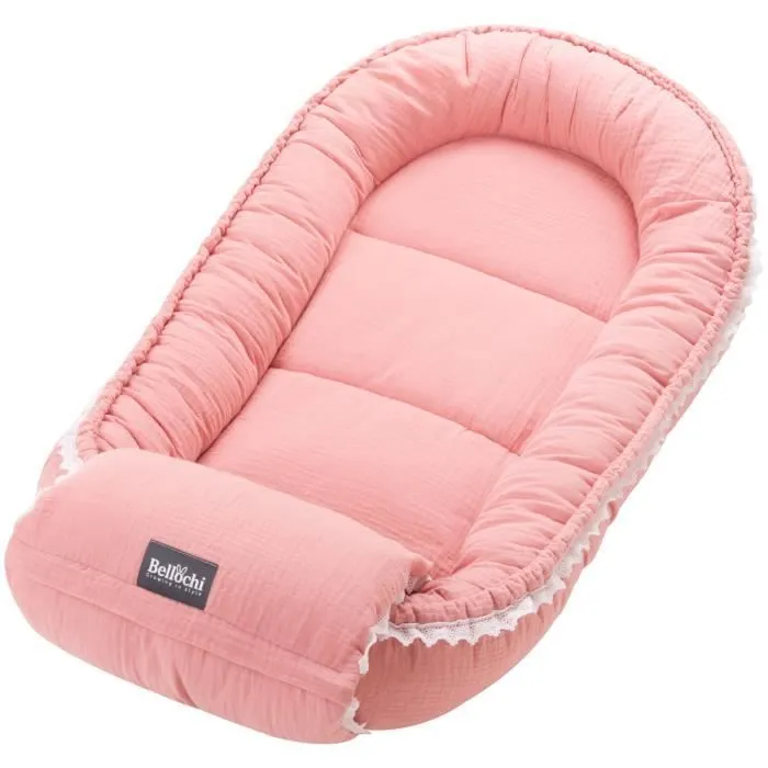 Bellochi Reducteur de Lit Bebe Cale Bebe pour Lit Cocon Bebe - Coton et Velours 90x60cm - Nid de Bebe - Cuddly Muslin Pink-0