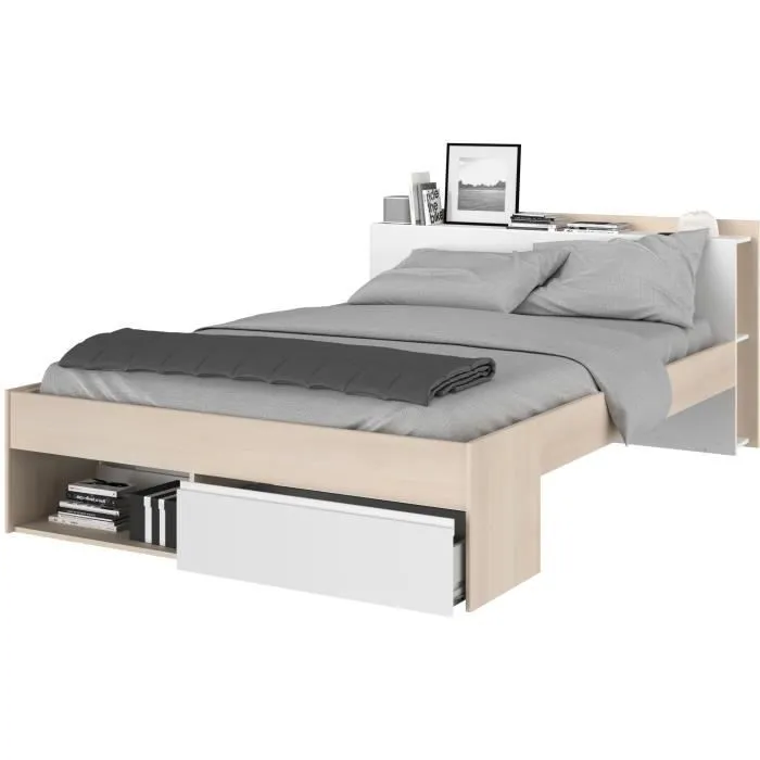 Lit adulte COMBO 160x200 cm - Chêne et blanc- 3 Tiroirs - PARISOT-2