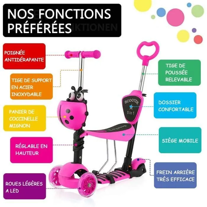 Trottinette à 3 Roues pour Enfant YOLEO - Rose - Réglable en Hauteur - 2-6 Ans - 60 kg-2