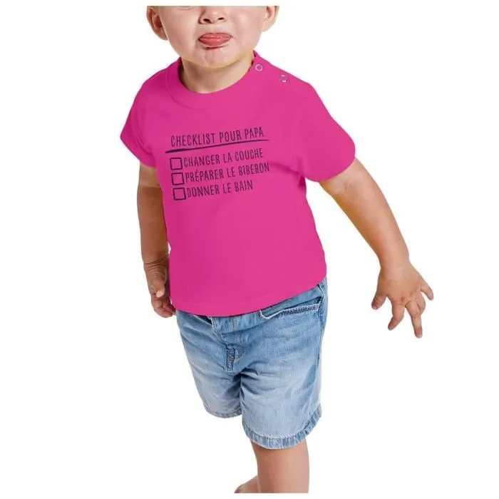 T-shirt Bébé Manche Courte Rose Checklist Pour Papa Blague Humour Bébé Parents-1