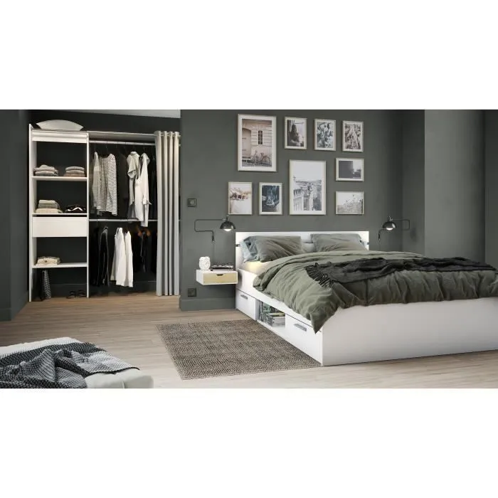 Demeyere Lit adulte MICHIGAN - 140 x 190 cm - Multiples rangements - Blanc-1