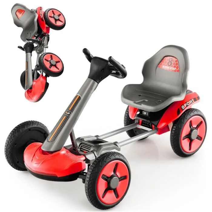 COSTWAY Kart Électrique 12V/4,5 Ah pour Enfants avec Siège & Volant Réglables, Démarrage Lent, LED, Porte-gobelet, 3-6 Ans, Rouge-0