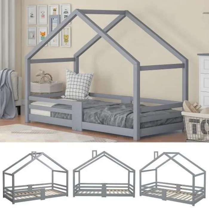 Lit cabane - LIBERTÉ - 90x200cm - Bois de pin - Protection contre les chutes - Montage facile-2