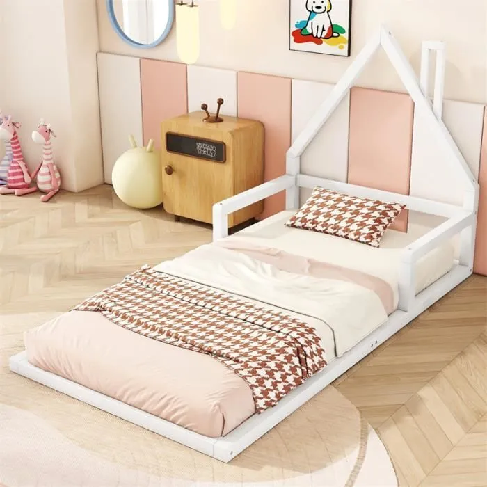 Lit cabane - Enfant - 90x200 cm - Pin massif - Blanc - Sommier à lattes inclus-1