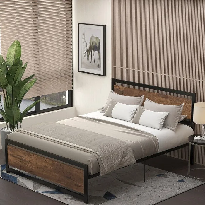 HOMCOM - Cadre du lit double - Acier - 167x208x103cm - Brun avec veinage, Noir-1