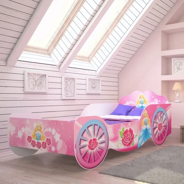Lit enfant pour filles Voiture Carriage Rose - 70x140 cm + Matelas + sommier-0
