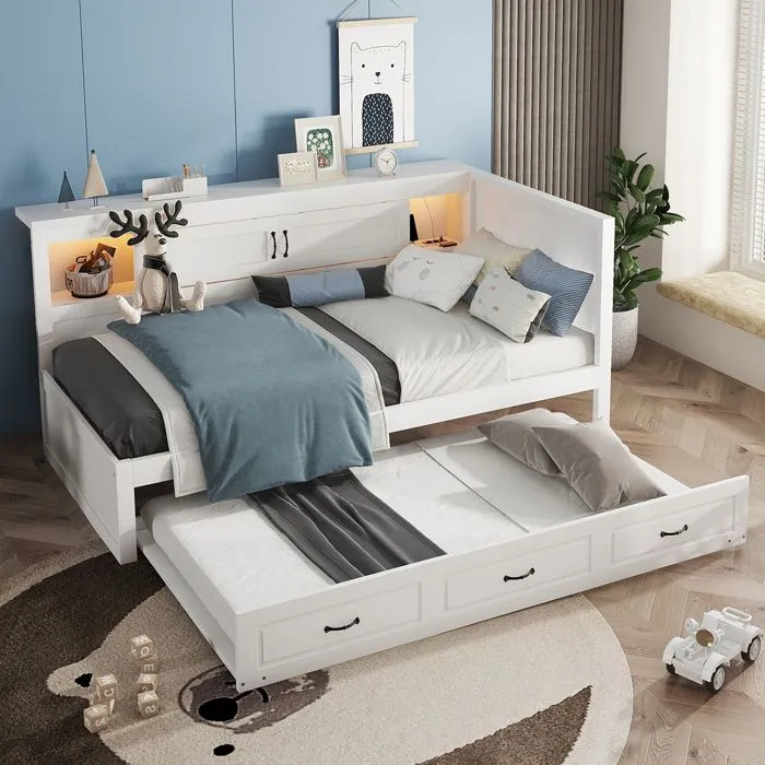 Lit gigogne - Bois Blanc - 90x200cm + 90x190cm - Avec rangement - LED et USB intégrés-0