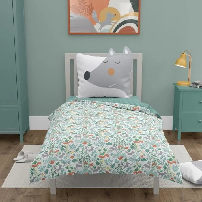 Parure de lit enfant Loup Vert - 100% coton BIO - housse de couette 140x200 cm + 1 taie d'oreiller 63x63 cm-0
