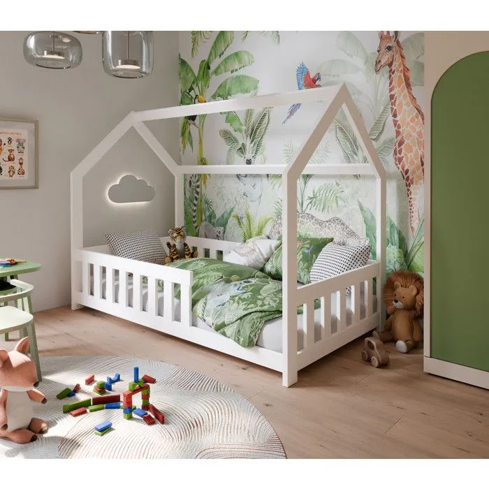 DUBI - Lit cabane pour enfant 80 x 160 cm blanc avec sommier et barrières-1