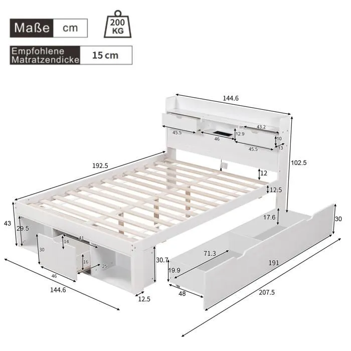 Lit multifonctionnel - Blanc - 140x190 cm - Port USB - Tiroirs - Armoire de rangement-3