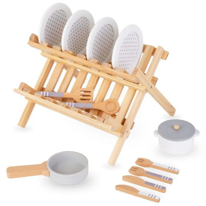 Dinette Enfant, Égouttoir Bois Mamabrum- Jouet Bois Cuisine Enfant - Ustensiles cuisine- casseroles - Assiettes- Couvercles- Couvert-0