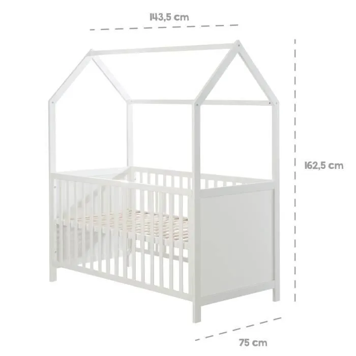 ROBA Lit Cabane Bébé Évolutif 70x140 cm - Convertible en Lit Junior et en Banc - Hauteur Réglable - Bois Laqué Blanc-2