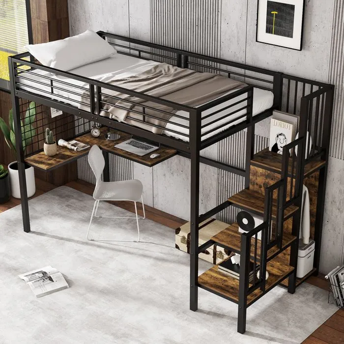 Lit mezzanine - Non spécifié - 90 x 200 cm - Noir - Échelle latérale - Armoire intégrée-1