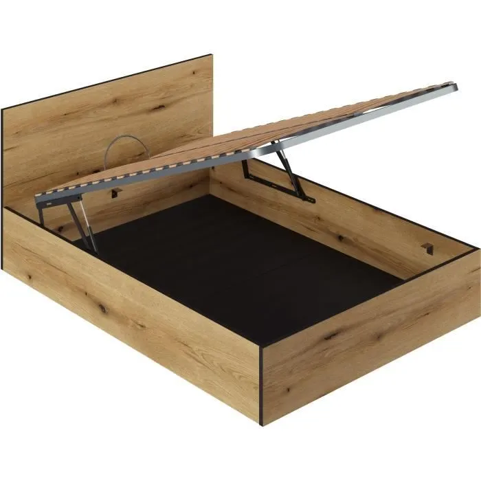 Lit Coffre 140x190 en bois + Tête de lit - Chêne Rustique - Sommier à lattes inclus - L 140 x P 193 x H 80 cm-0