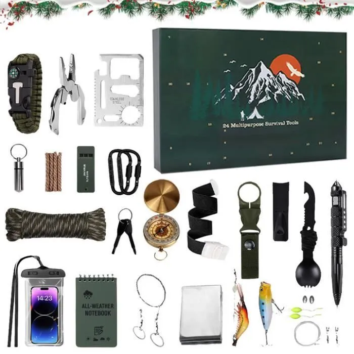 Calendrier de l'avent 2024 - Calendrier de l'Avent Kit de survie pour hommes, calendrier de l'Avent de Noël avec 24 outils de survie-0