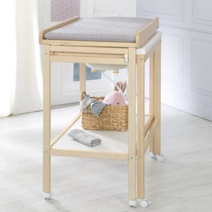 ROBA Table à Langer avec Baignoire Coulissante Baby Pool et Matelas à Langer Imperméable Gris - Bois Naturel / Blanc-2