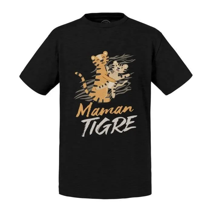 T-shirt Enfant Noir Maman Tigre et son Bébé Dessin Illustration Mignon-0