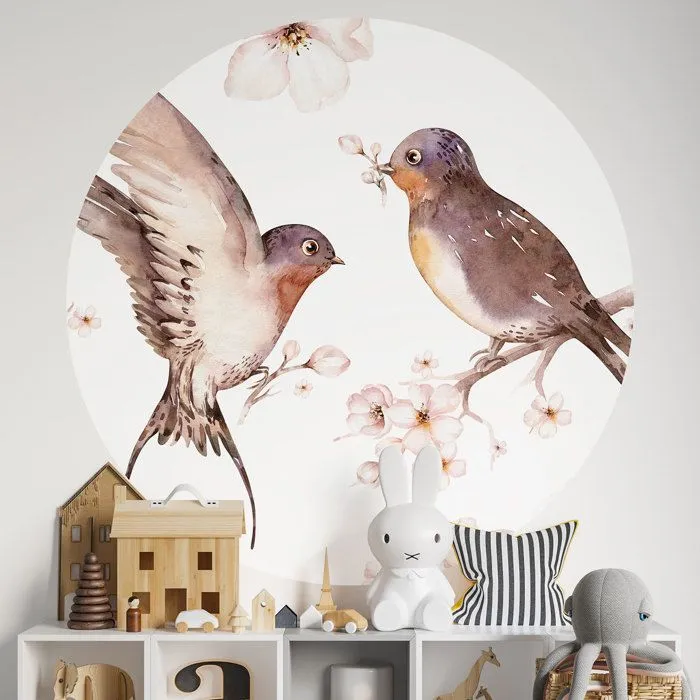Sticker mural rond - Oiseaux - Adhésif MAT - Diamètre 100 cm - Décoration murale - Enfants-0