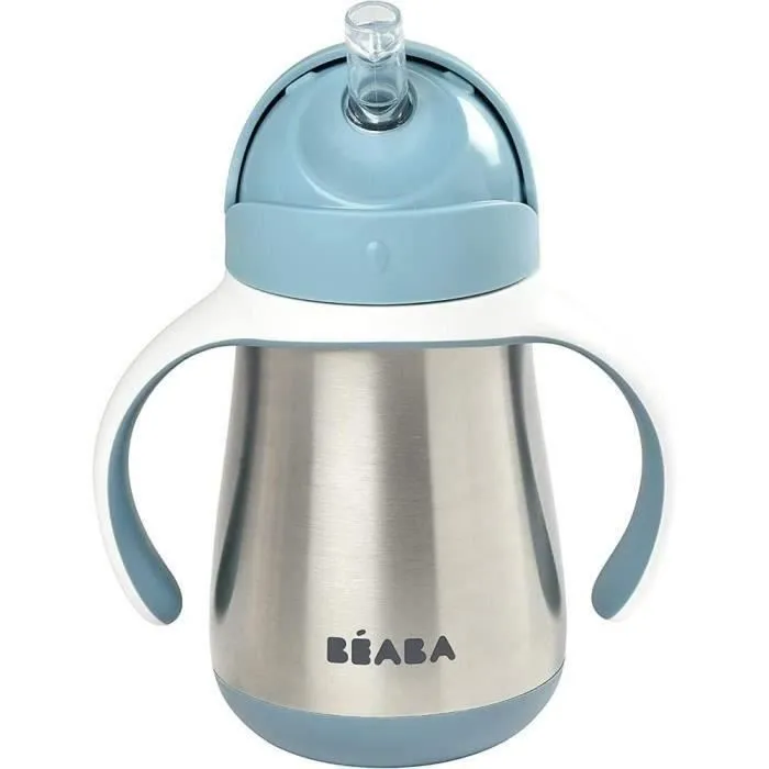 BEABA, Biberon/Tasse d'apprentissage /Gourde Bébé 2 en 1 Inox, Tasse Paille Enfant, 100% étanche, Anti-fuite, 250ml, Bleu-1