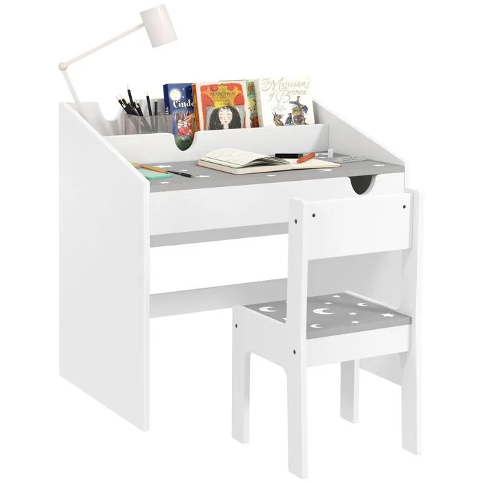 Ensemble Bureau et chaise pour enfants - AIYAPLAY - rangement - tiroir coulissant - 3-6 ans - motif étoilé - Gris-0