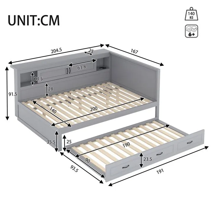 Lit gigogne 140x200cm+90x190cm - lit méridienne avec sommier à lattes, espace de rangement, LED et port USB - Bois Gris-3