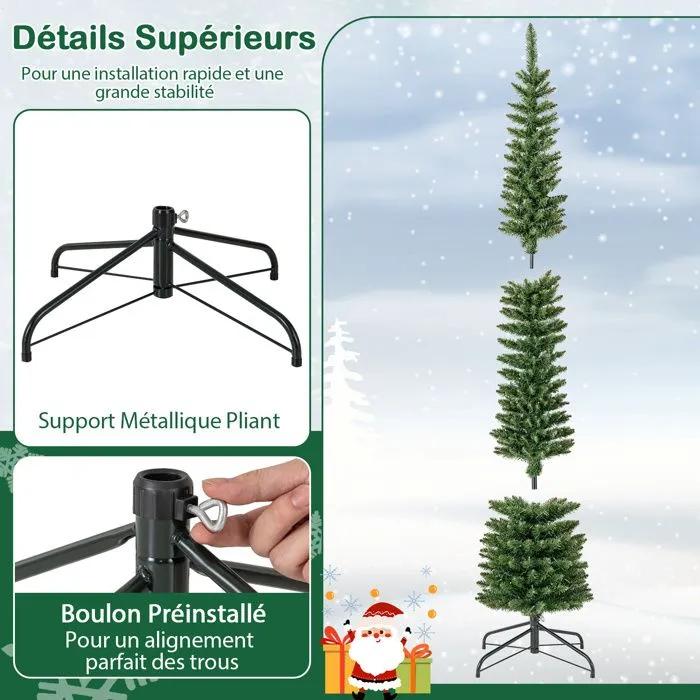 Sapin de Noël Artificiel LED COSTWAY 210cm-200 Lumières Blanc Chaud-Forme de Crayon Mince-499 Branches PVC-Support en Métal Pliable-2