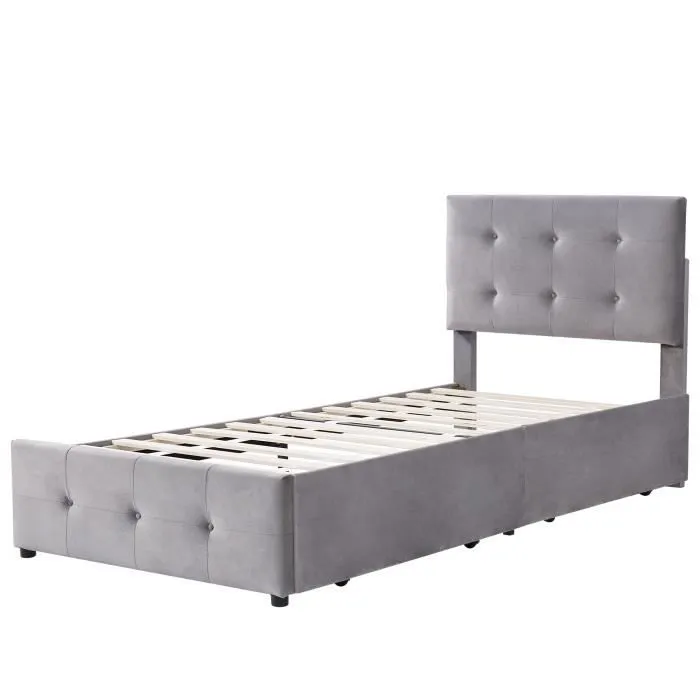 Lit simple, lit rembourré 90x200cm avec 2 tiroirs, lit capitonné pour enfant ou adulte, gris-2