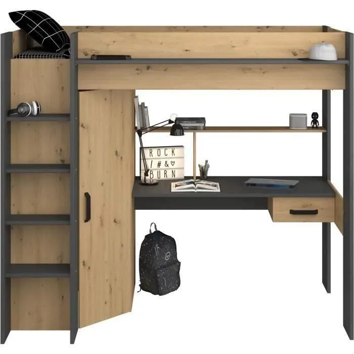 Lit combiné mezzanine enfant PARISOT HIGH - Chêne et gris - Sommier inclus - 90 x 200 cm-0