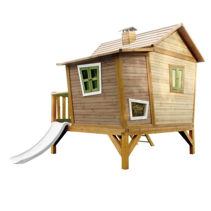 Maisonnette pour enfants avec toboggan AXI Emma en bois blanc, marron et vert-3