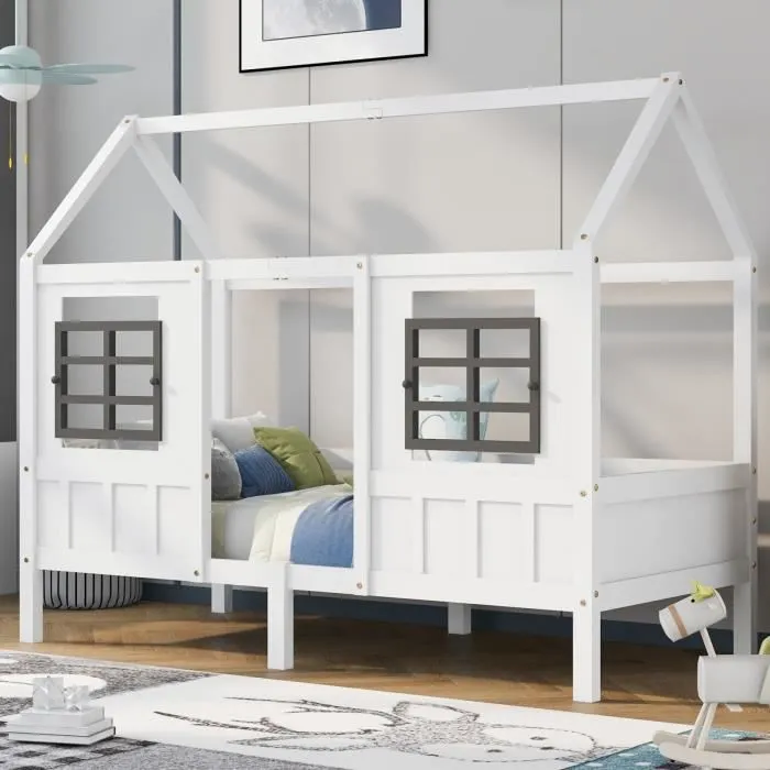 Lit cabane enfant 90x200cm,avec barrière de protection,fille,garcon,cadre en bois massif,blanc,avec 2 fenêtre-1