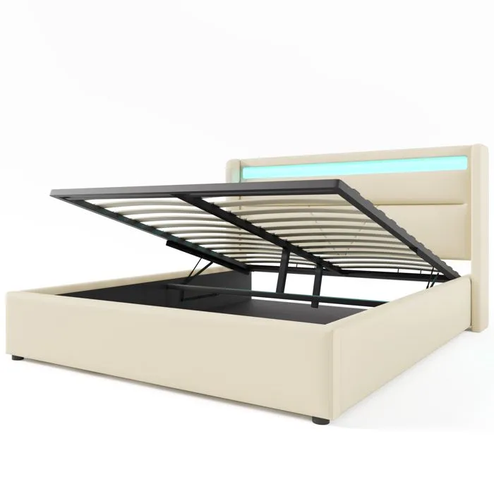 Lit adulte 160x200 cm, lit coffre avec LED, sommier à lattes, tissu en PU, blanc-2