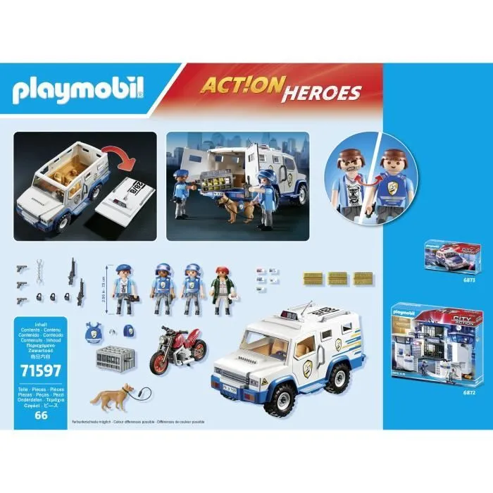 PLAYMOBIL 71597 Fourgon blindé avec convoyeurs de fonds, Action Heroes, Les Policiers, 84 pièces, Dès 4 ans-6
