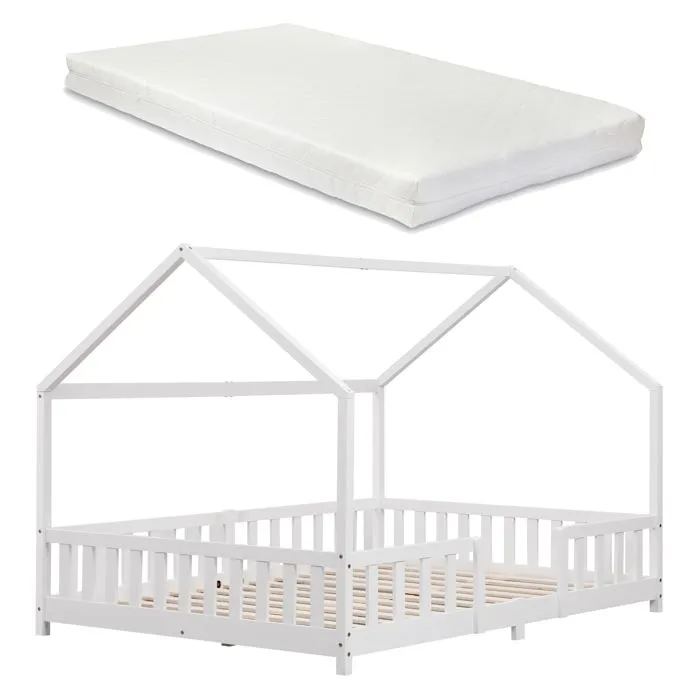 Lit d'enfant Forme Maison Sisimiut avec Matelas à Mousse à Froid 200 x 140 cm Blanc-1