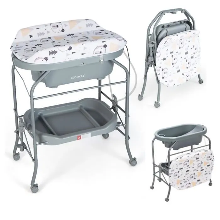 COSTWAY Table à Langer Bébé avec Baignoire 20L 4 en 1 Pliante 4 Roues,Tuyau 1m,Plateau de Rangement Coussin PVC Imperméable,35 Kg-0