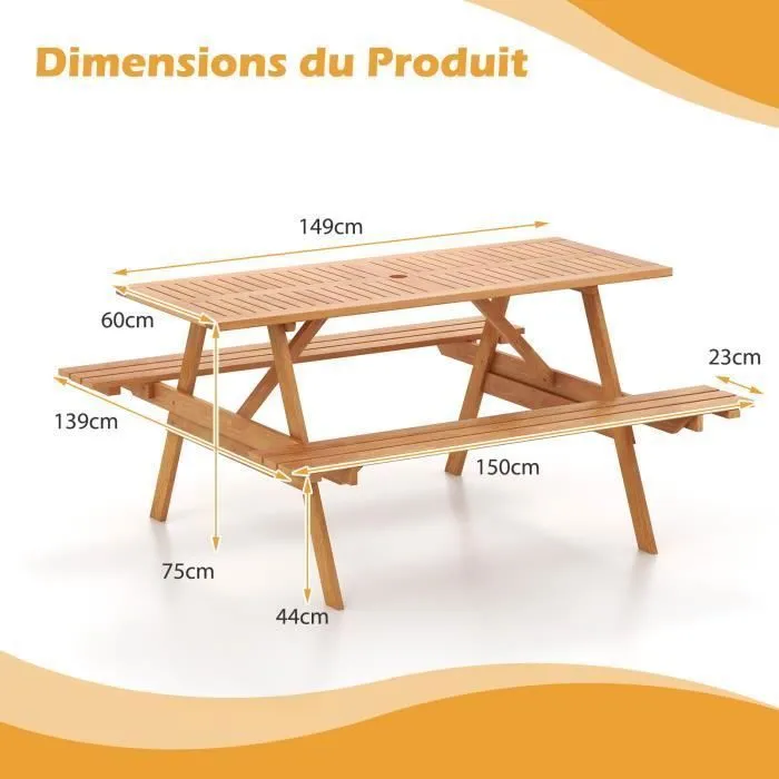 COSTWAY Ensemble Table de Pique-Nique et 2 Bancs, 6 Personnes, en Bois, Trou pour Parasol, Conception à Lattes, Charge Total 230 KG-3