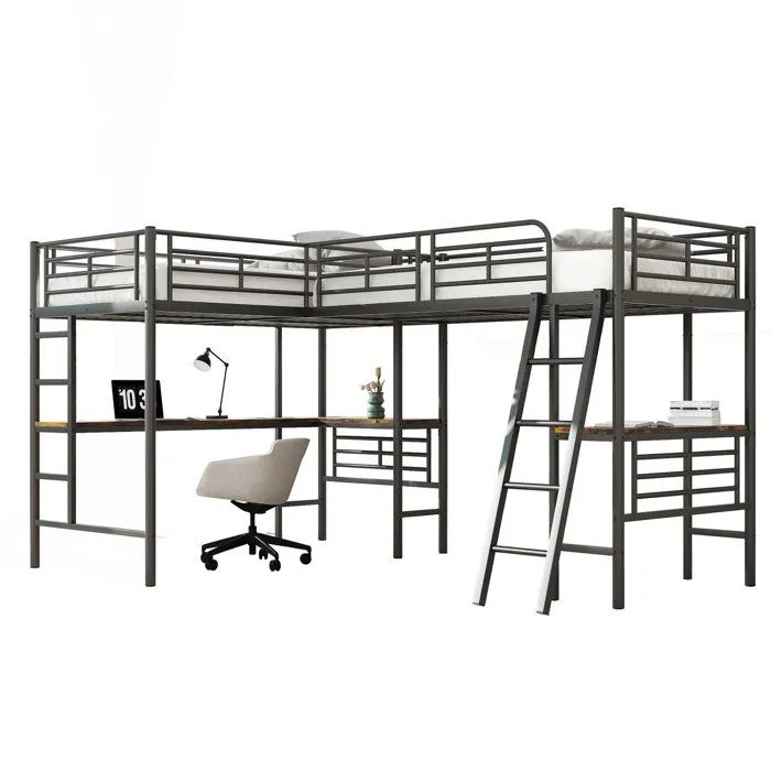 Lit mezzanine - Non spécifié - 90x200cm - Noir - Bureau intégré - Escalier double-1