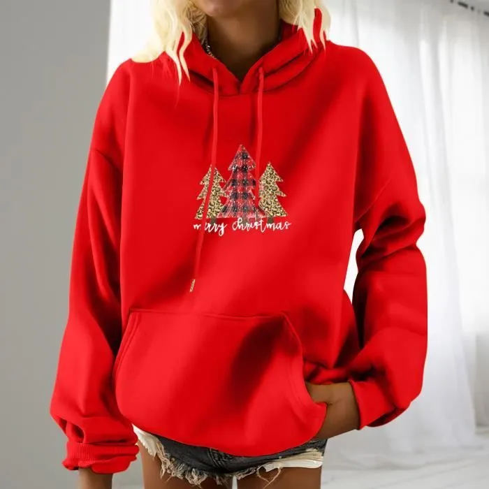 Mode féminine impression à manches longues poche pull chemise chemisier sweats à capuche Rouge A2-0