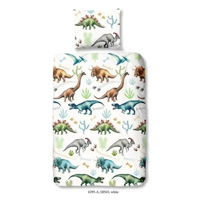 Housse de Couette - Good Morning Dino - 1-personne - 140x200/220 cm - Blanc - 100% coton-0