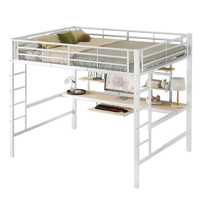 Lit mezzanine 140x200cm - avec bureau et étagères - cadre en métal - Blanc-3