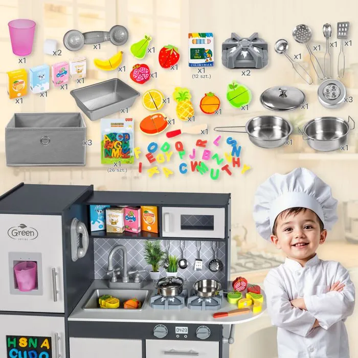 Kinderplay Grande Cuisine Enfant en Bois - Accessoires, éclairage LED, Hauteur de 83 cm, Couleur Grise, GS0057-1-1